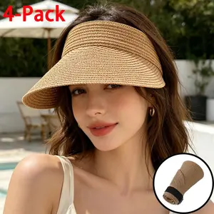 4-Pack Fashion Straw Sun Visors for Women Wide Brim Hats Roll-Up Foldable Summer Beach Visor Hat Outdoor Sun Hat Protective Cover