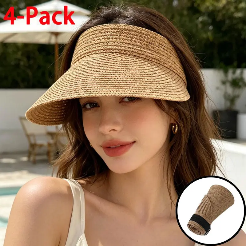 Women's 4-Pack Woven Straw Sun Visors - Black+Khaki+Blue+White, Wide Brim, Roll-Up Foldable, Cool Hats, Adjustable Perfect Fit, Ponytail/Messy Bun Approved, Breathable, Built-In Band, Summer Beach Hat, Sports & Outdoor Headwear