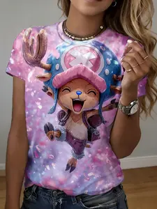 Women's short sleeve Fitted T-shirt Chopper Character With Pink Hat And Blue Helmet 3D full-frame printing spring and summer fashion trend exercise women's soccer jersey breathable, mom, winter, summer, cute, autumn
