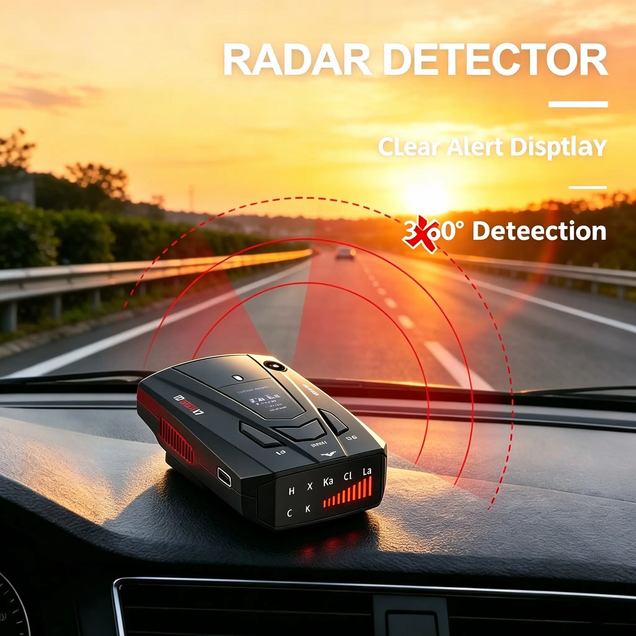 Stay alert on the road! 360° radar detector with dual signal notification, voice alert and LED screen, perfect for long drives and highways.