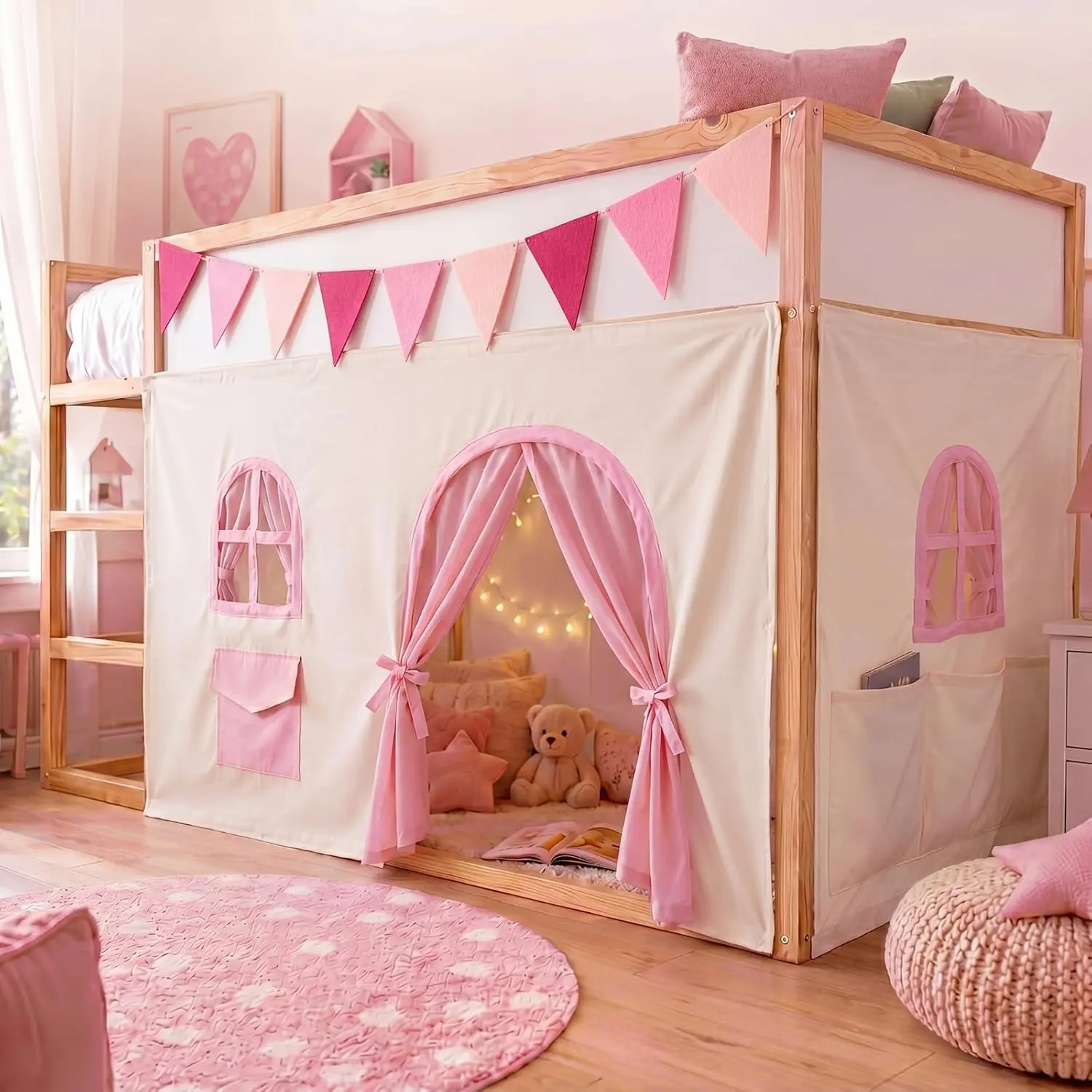 3 Panel Bunk Bed Curtains for Bottom Loft Bed Tent Set with Felt Flag Double-Layer Twin Bunk Curtains Playhouse Accessories for Boy Girl Bedroom(Beige,Magical)