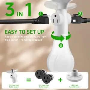 E26 E27 Light Socket to Plug Adapter, 3 Prong 1250W Light Bulb Outlet Converter, 3 in 1 No Wiring Required Socket Extender for Garage, Porch, Christmas Lights, UL Listed