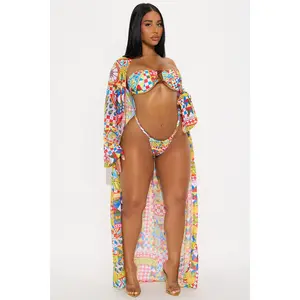 Adelina Coastal Print Bandeau 3 Piece Bikini & Kimono Set - Multi Color