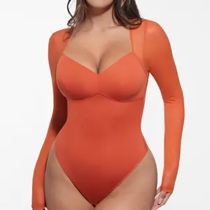 FeelinGirl #Livestream Women's Mesh Bodysuit Fitted Chic Basic Medium Length Long Sleeve Top Comfortable Underwear for Fall Spring Winter Green Minimalist Fabric