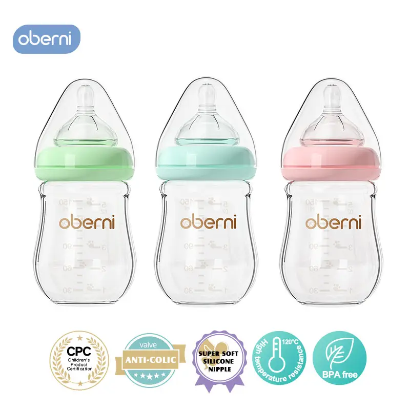 Oberni Breastfeeding Bottle,150ml/5oz Glass Anti Colic Baby Bottles with Natural Response Nipple and BPA Free for Newborn Preemie 0+Month