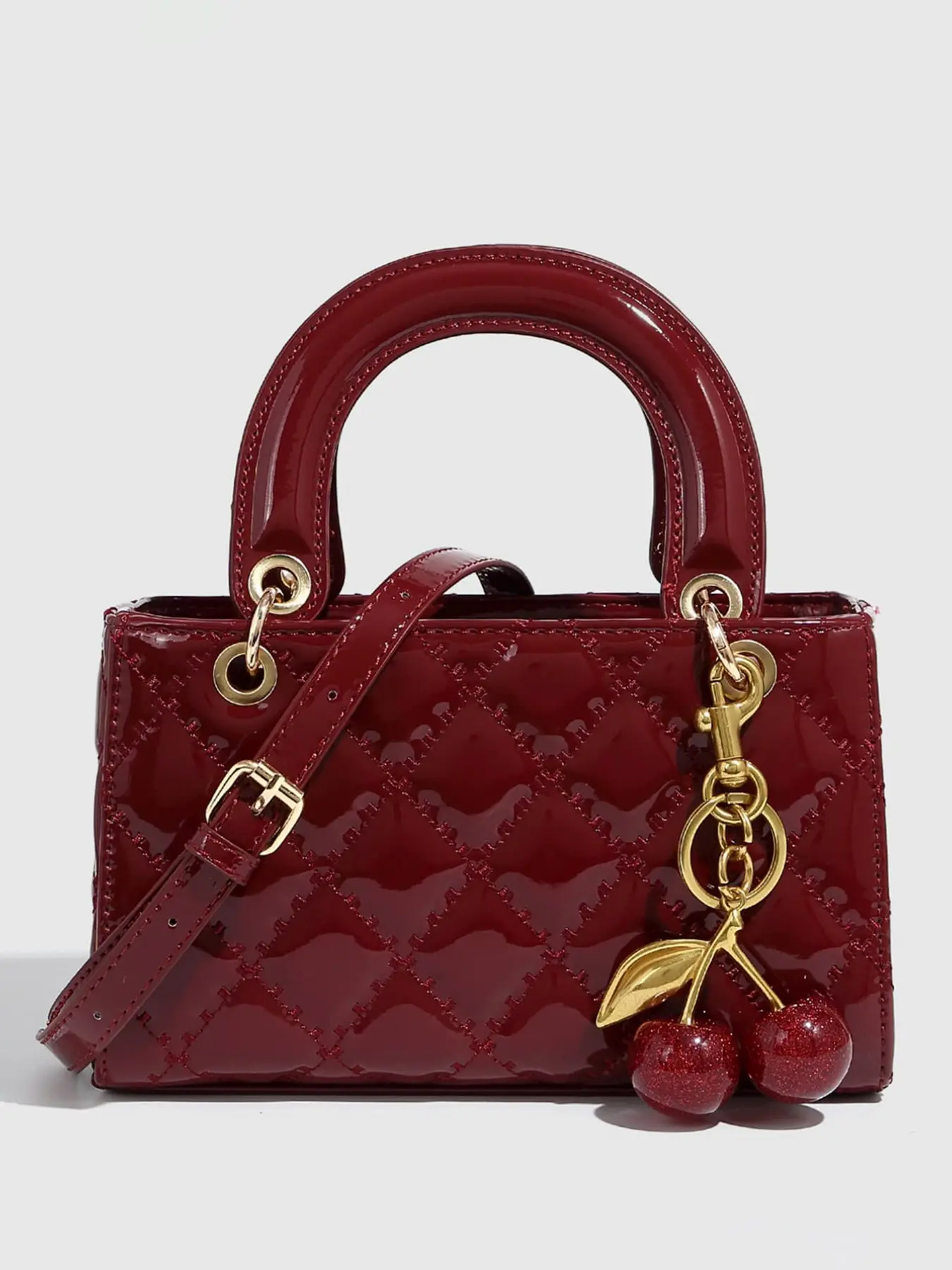 Fashion Plaid Bucket Bag with Cherry Charm, Elegant Handbag for Women, Versatile Geometric Pattern, Casual All Seasons Shoulder Strap, Fashionable Handbag, Casual Trendy Bag