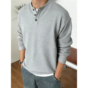 Men‘s Long-Sleeve Waffle Knit Shirt, Relaxed Fit Henley Design, Versatile Casual Top for Coffee Dates, Weekend Errands and Home Lounging