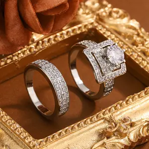 Luxury Golden Silver Tone Couple Ring Set for Women, Square Halo CZ Engagement Ring with Pave Band, Sparkly Wedding Promise Anniversary Jewelry Gift