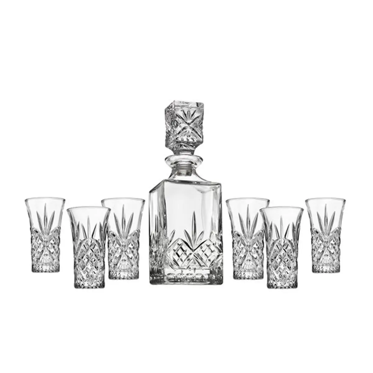 Godinger 25813 212 MAIN 7-Piece Dublin Cut Leaf Crystal Glass Liquor Decanter Set - 10oz & 2oz, Home Bar Drinkware Serving Accessories, Home Bar Accessories