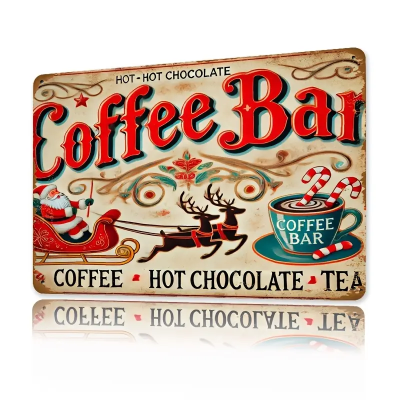 1 Piece Retro "Coffee Bar" Metal Sign 8x 12inch - Festive Santa Claus and Reindeer Design, Ideal for Holiday Decoration|Durable Iron wall art sign durable iron wall art metal wall sign Vintage Metal Tin Sign, Perfect for Room Decoration