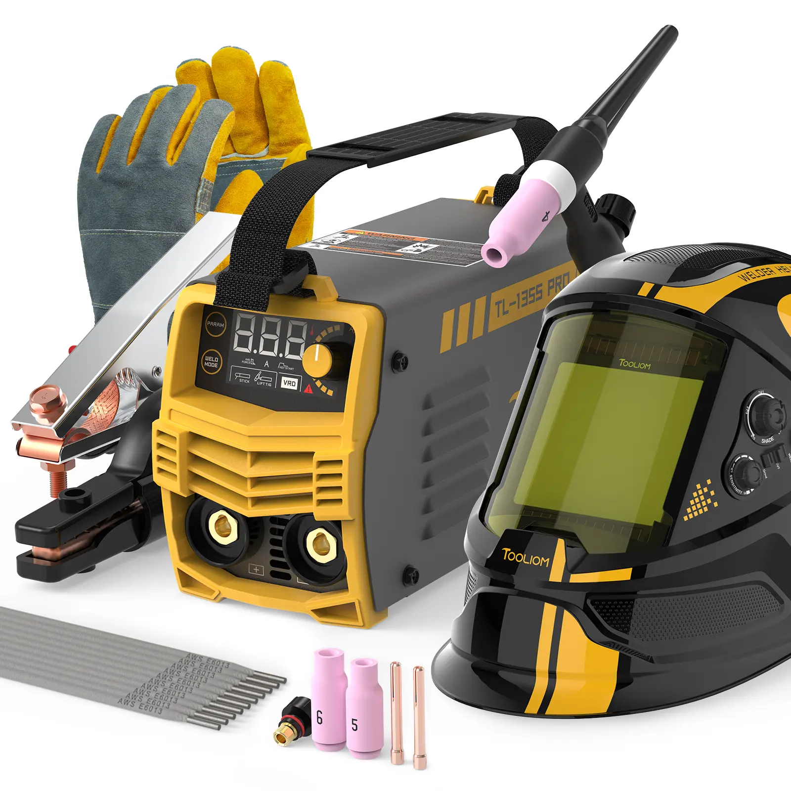 TOOLIOM TL-135S PRO Protection Bundle with TIG Setup - 135A 110V Lift TIG/MMA 2-in-1 Stick Welder Machine with TIG Torch, Welding Gloves, E6013 Electrodes & Auto-Darkened Helmet