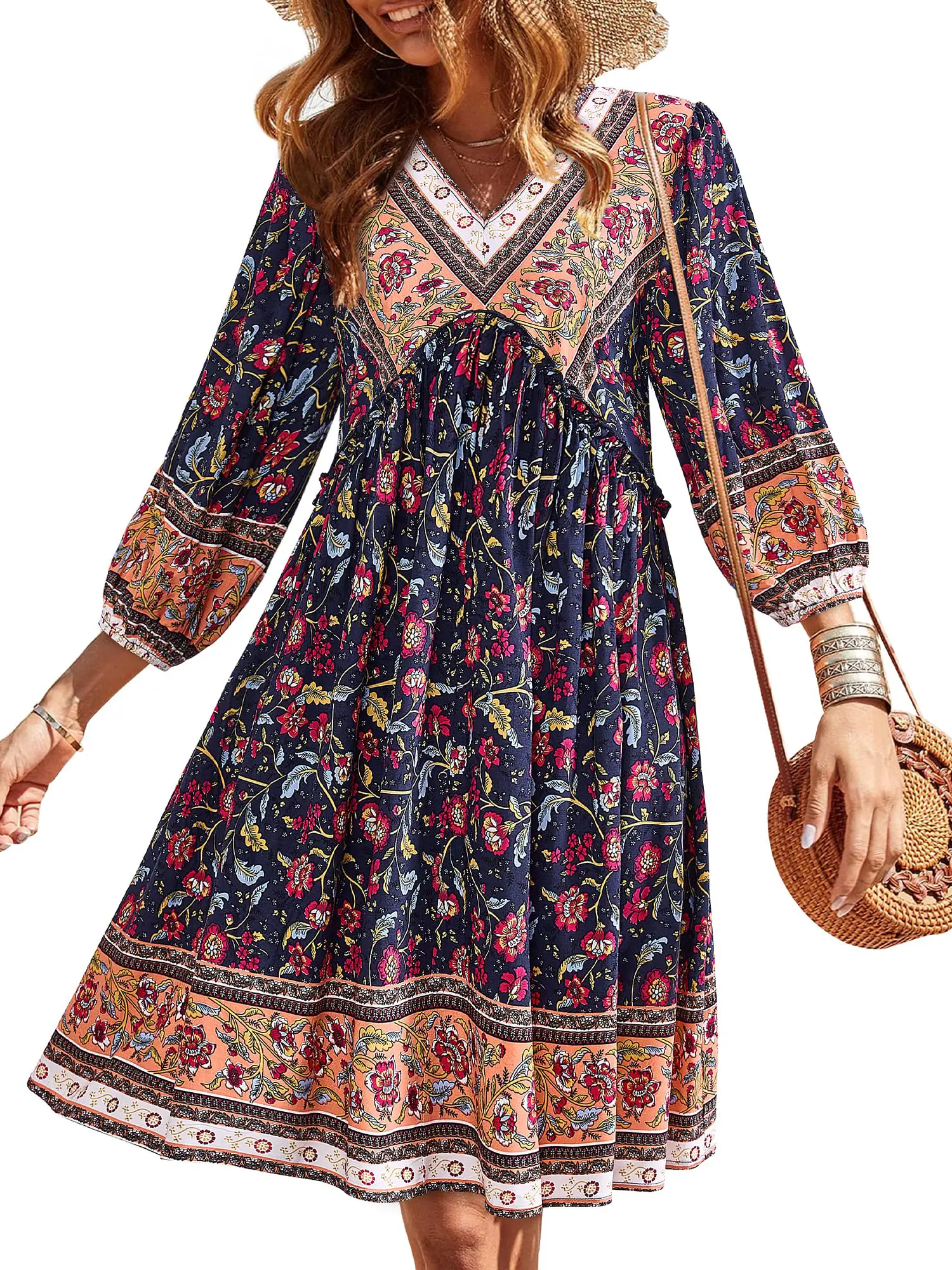 BTFBM Women Casual Spring Summer Dresses V Neck 3/4 Long Sleeve Ruffle  Floral Flowy Boho Babydoll Mini Short Beach Dress - TikTok Shop