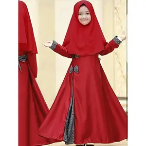 Eid Al-Adha 2pcs Trendy Girls Splicing Bow Decor Crew Neck Long Sleeve Abaya Dress + Hijab Set For Pray Party Gift