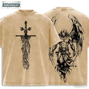 Men's Heavy 100% Cotton Christian T-Shirt Archangel Michael & Flame Sword Design, Balance of Justice & Jesus Cross Back Print, Church Dress Religious Gift, Casual Faith Dress (Beige/Brown) Short Sleeve Round Neck T-Shirt