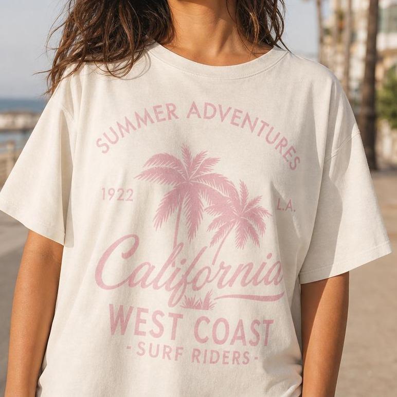Women's 100% Cotton Oversized Graphic Print Palm Tree Art Short Sleeve T-Shirt - Crew Neck, Drop Shoulder, West Coast Theme Casual Summer Streetwear Top