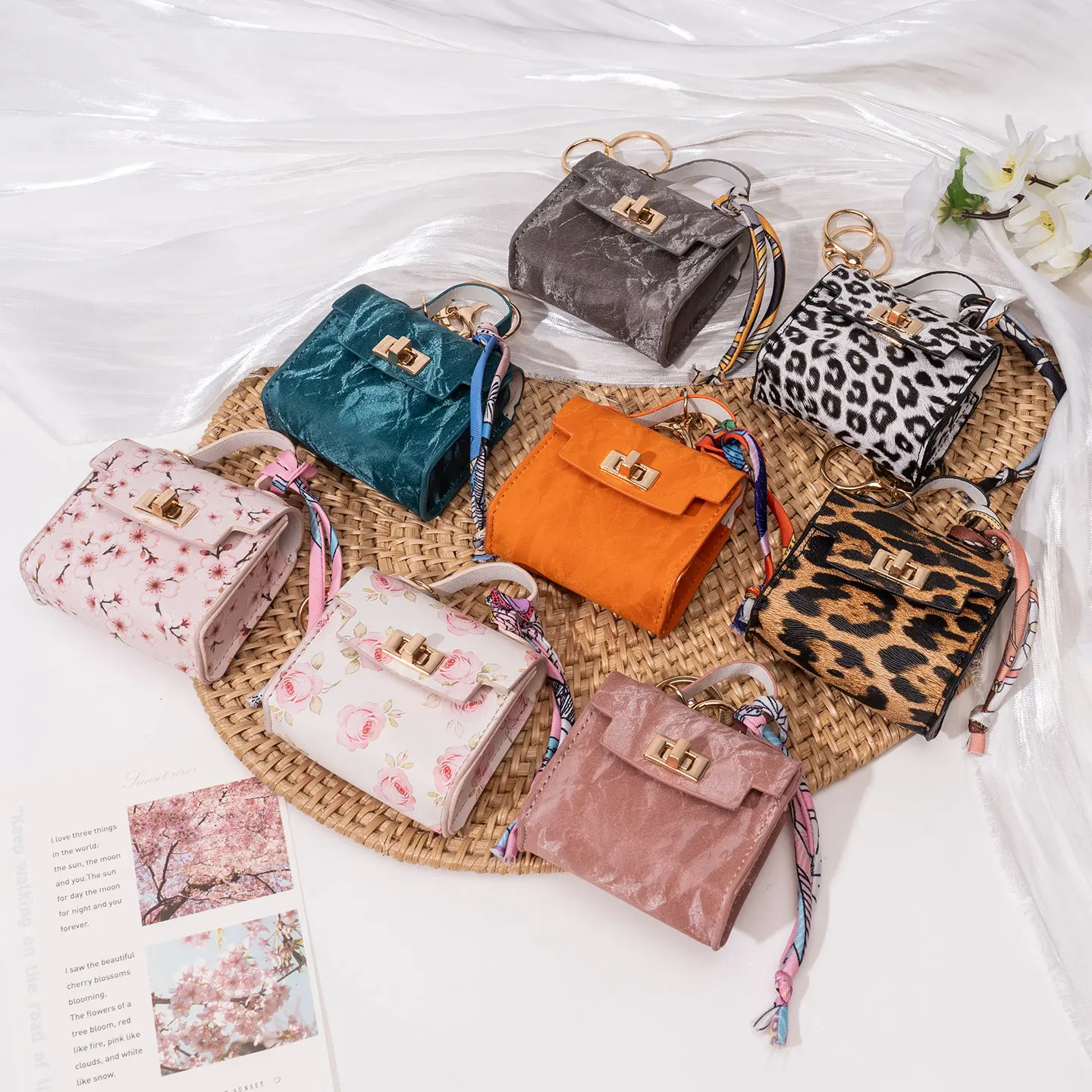 New Mini Square Bag-Style Keychain Charm — Premium leather paired with a colorful strap; a cute car keychain and bag accessory (Multicolor Leopard Print) Magnetic Necklace Clasp Set