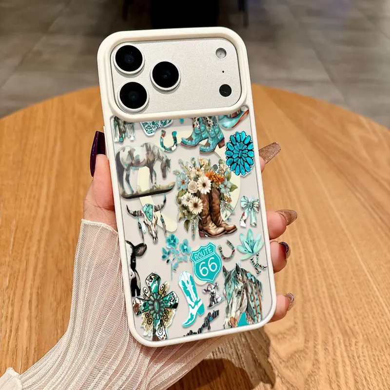 Trendy Western Turquoise Print Phone Case Adds a Tactile Every Day for iPhone 17 Pro Max Phone Case 17 Air 16 E 15 Plus 14 13 12 11 X XS, Samsung Galaxy S22 S23 FE S24 Plus S25 ULTRA FE Plus Thin Anti-Drop Wear-Resistant Mag Safe Phone Case