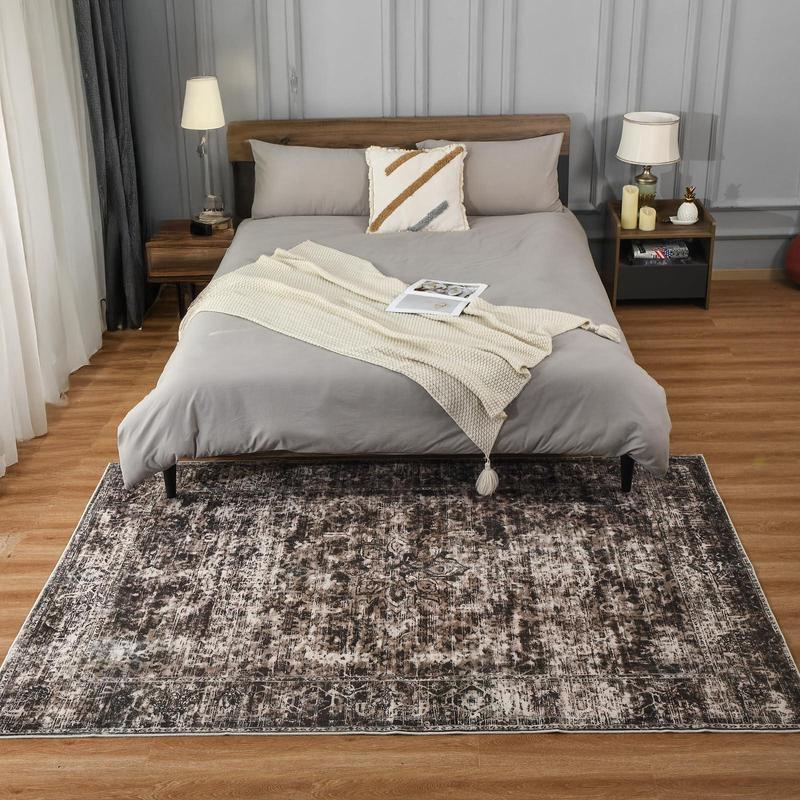 Brown Washable Vintage Faux Wool Throw Bedroom Rug, 0.3 In Low Pile & Non-Slip Indoor Floor Carpet For Home Office, Kids Room, Bedside, 4x6, 5x7, 6x9, 8x10, 9x12 Feet rugs living room