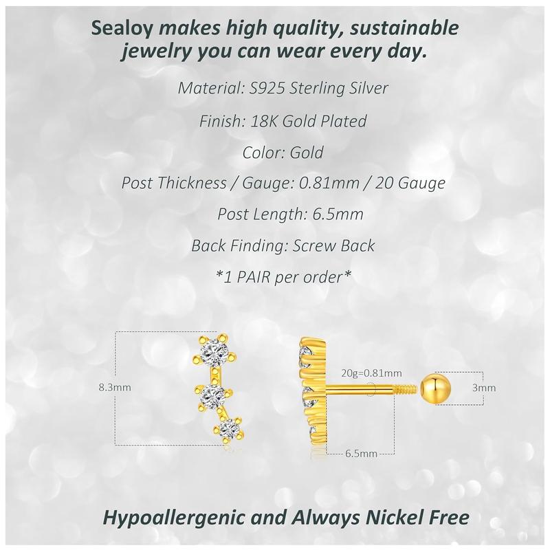 925 Sterling Silver Trio CZ Gold Screw Back Stud Earrings for Women/Girls, Sparkly CZ Stud Earrings for Helix Cartilage Tragus Earlobe Conch Piercing Jewelry 20 Gauge