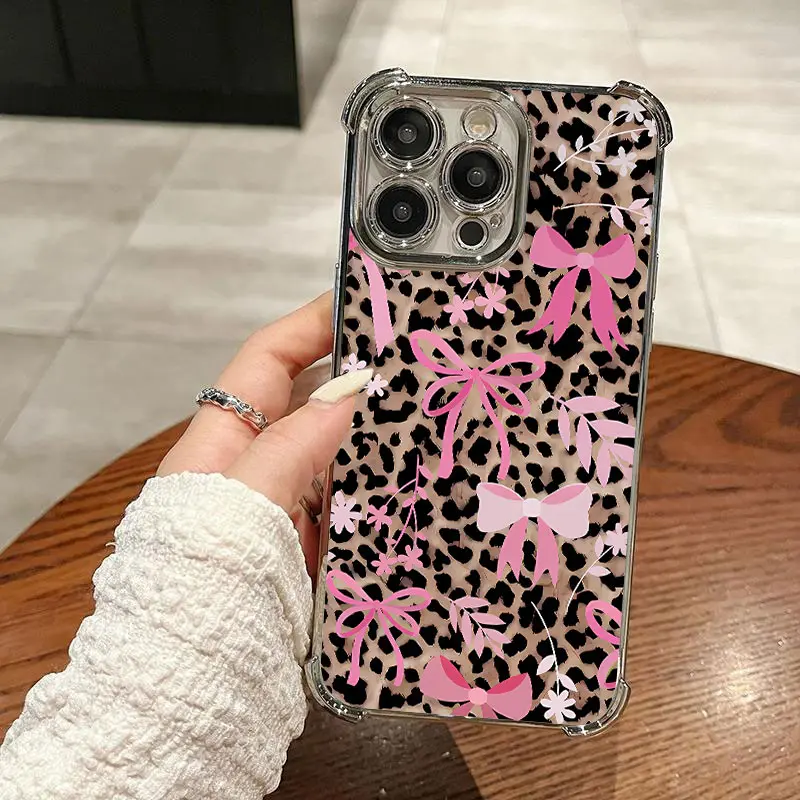 Leopard print bow flower personalized phone case Suitable for iPhone 17 Pro Max Plus  16/15/14/13/12/11 Pro Max Plus electroplated anti drop soft case phone case Protector Screen Protector Protection Protective Cover Smartphone Casing Cellphone Shockproof