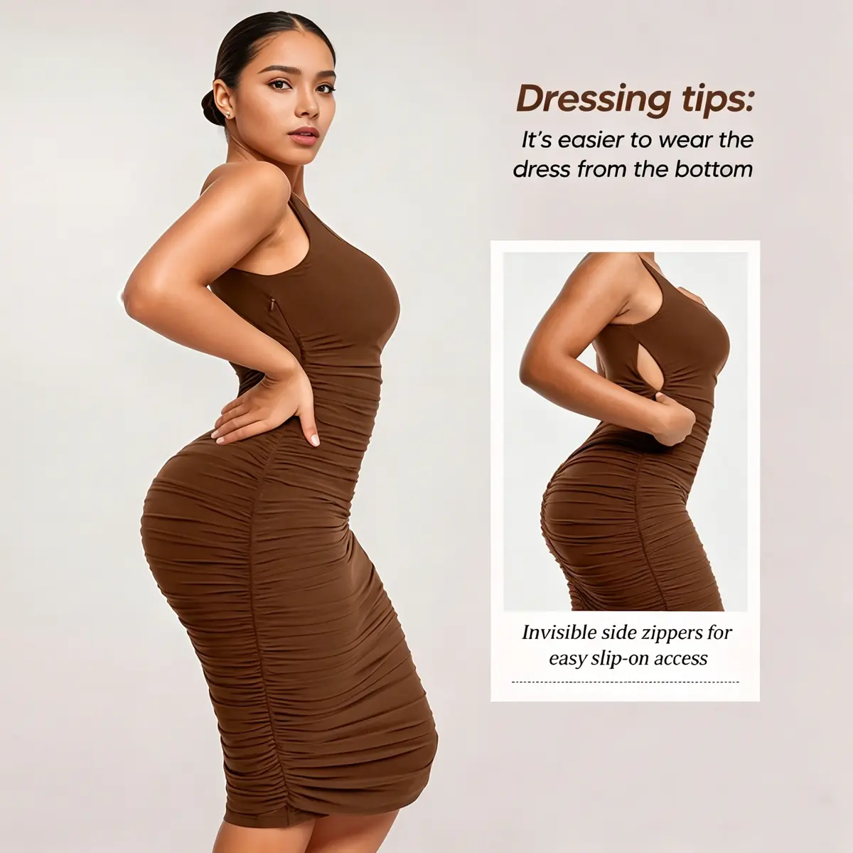 Suprenx Women's Casual Minimalist Basic Elegant Ruched Bodycon Midi Dress - 1-Piece Shapewear Clothes with Built-in Bra, Smooth Compression Soft Breathable Double-Layer Mesh Fabric, Square Neck, Easy-On Zipper, Fit for Casual Wear, Parties