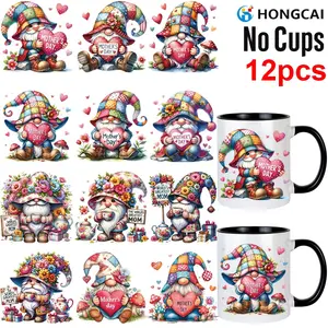 Mother's Day Dwarf UV DTF Cup Stickers, 12 Pcs Colorful Heart Short Man Transfer Stickers, Waterproof Wear-Resistant, Glass Mug DIY Decoration