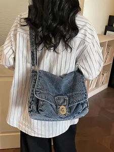 New Korean Vintage Washed Denim Messenger Bag for Women, Large Capacity Shoulder Bag, Crossbody Bags, Adjustable Strap, Durable and Wrinkle-Resistant