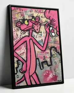 Playful Pink Cartoon Cat Canvas Poster – Retro Animal Wall Art for Kids Room, Waterproof Dopamine Decor Print, Luxury Colorful Nursery Bedroom Decoration