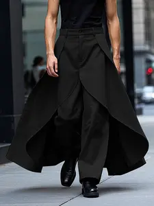 INCERUN Men's Fashion Casual Plain Solid Color Polyester Long Wide Leg Pants, Layered Design, Suitable for All Seasons Streetwear, Comfortable and Stylish