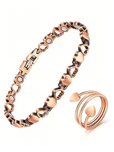 Women's Pure Copper Magnetic Therapy Bracelet Ring Set, Strong Magnetism Stress Relief, Vintage Solid Copper, Heart Engraving, Fashion Health Gift, Vintage Jewelry Set, Fashionable Jewelry Set