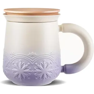 Tea mug with infuser and lid for loose leaf tea steeping, 11 oz embossed ceramic tea cup with strainers, wood lid tea diffuser mugs for collector gifts, pale purple