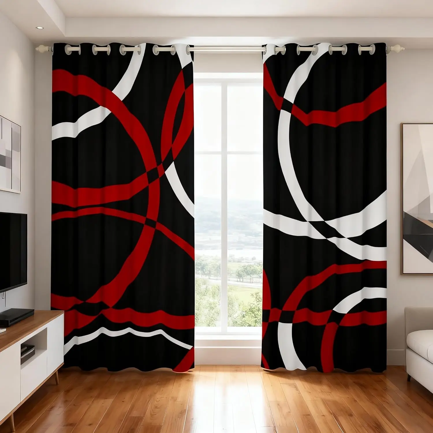 Black Red White Swirls Window Curtains,Circle Geometric Blackout Curtain,Abstract Stripes Window Drapes Women,Modern Bedroom Decorative,Retro Style Curtain