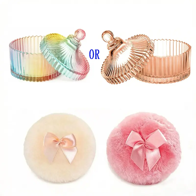 Unisex Makeup Puff Set - Gift-Ready Beauty Tool, Soft Amber Iridescent Dusting/Body Powder Puff for All Skin Types, Compact Crystal Glass Container, 1-2 Suction Cups, Dust-Proof Cover for Even Application