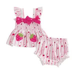 Toddler Baby Girls Shorts Set Strawberry Stripes Print Sleeveless Camisole with Elastic Waist Shorts Summer Outfit 3-24 Months
