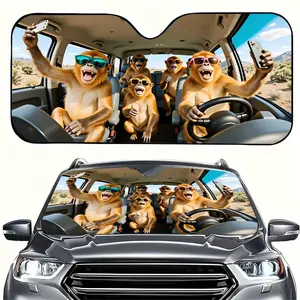 Funny Monkey Family Car Sunshade, UV Protection, Foldable Polyester, Fits Rvs and Suvs, Universal Fit, All-Season Use, Front Windshield Protector