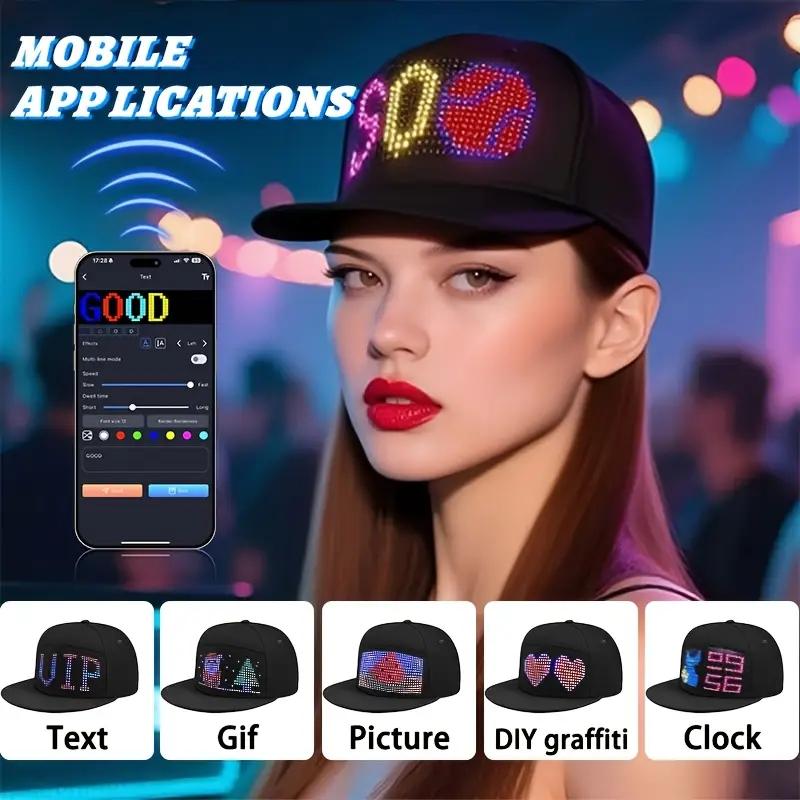 Customizable LED Hat Baseball Cap with Bluetooth – Display Your Message in Full Color! 16×32 Bright Perfect for Parties, Events, and Gifts App App Controlled Multifunctional