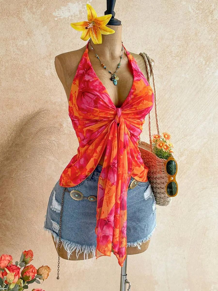 Women's Summer Vacation Floral Print Tie Front Halter Neck Camisole,Summer Top,No Chest Padding