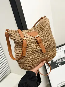 Large Capacity Straw Beach Shoulder Hobo Bag with Hardware Decor, Versatile Shoulder Crossbody Bag for Daily Use, Perfect for Vacation and Travel