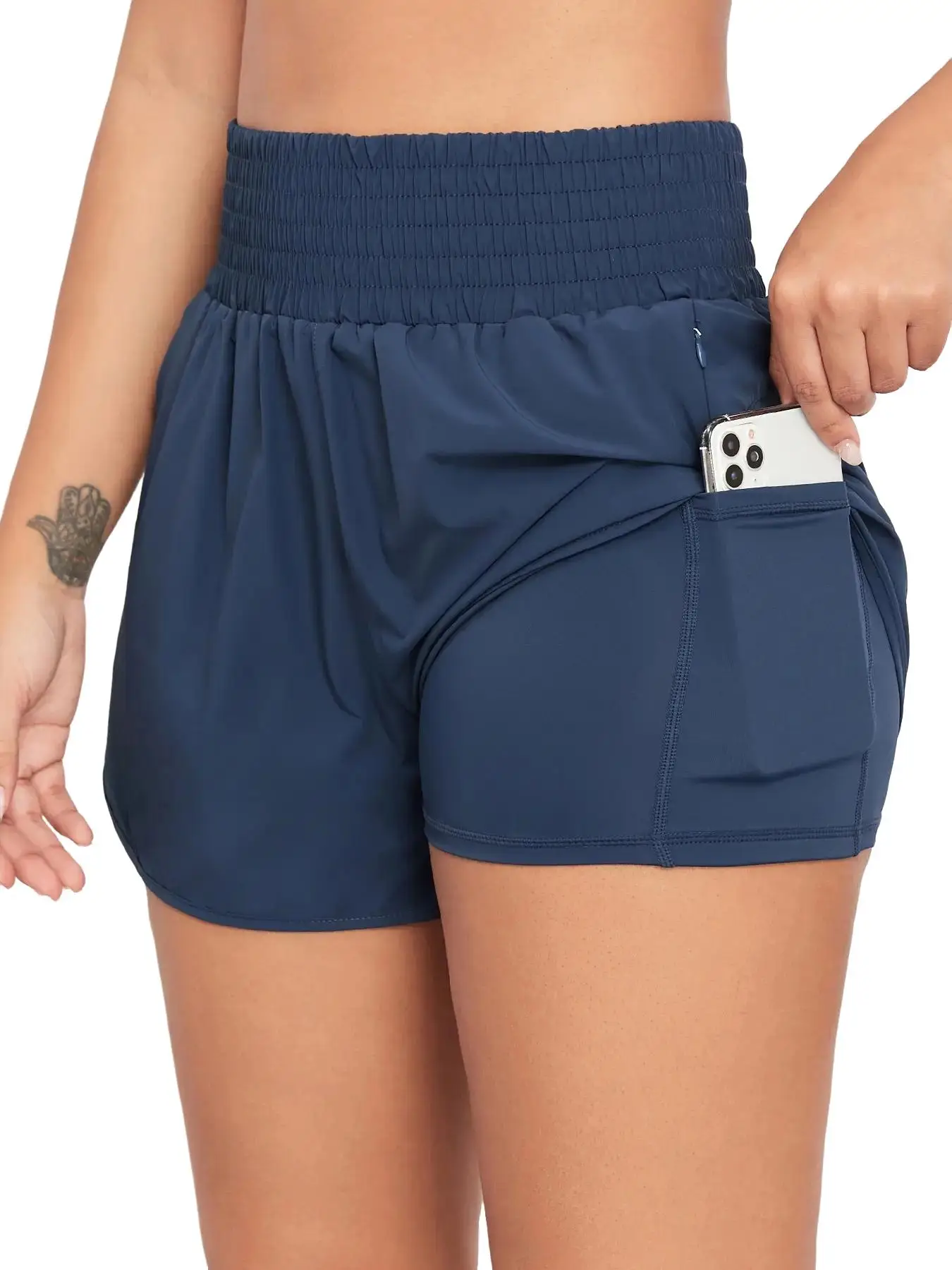 Women's Plain Pocket 2 in 1 Sports Shorts, Sporty Casual Shirred High Waist Shorts for Yoga Running Golf Tennis Pickleball, Workout Shorts, Ladies Sp