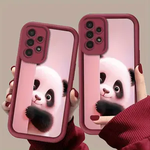 Pink framed panda pattern, anti drop and anti slip TPU all inclusive lens phone protective case, suitable for iPhone 17 16 15 14 13 12 11 XS X, Samsung and other series models, can be given as a gift to friends or family