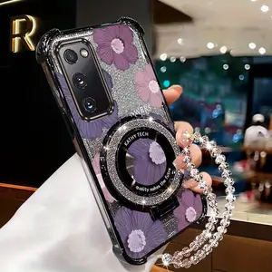 S20FE Popular Series Pearl Strap Lanyard Phone Holder Case For Compatible With Samsung Galaxy S20 FE Smartphone Transparent Magnetic Glitter Cover and Durable Elegant Purple Flowers Protector Cases