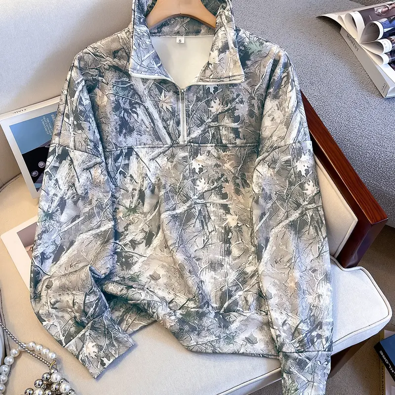 Women's Camo Printed Half-Zip Hoodie, Casual Long Sleeve Loose Fit Top, Outdoor Fashion Fall & Winter Clothing, Hoodies Streetwear