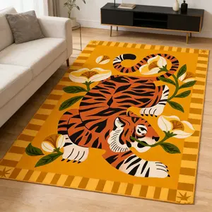 Vintage Tiger Floral Rug, American Living Room Area Rug, Bedroom Bedside Mat, Bohemian Striped Border Tiger Carpet, Comfortable Easy-To-Clean Style Home Decor