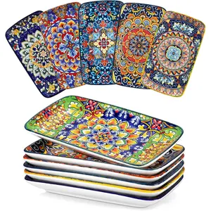 Simi 9.5 Inch Rectangular Dinner Plates Set of 6 - Bohemian Floral Design in 6 Vibrant Colors, Microwave & Dishwasher Safe Porcelain Plates for Salad, Appetizers, Entertaining