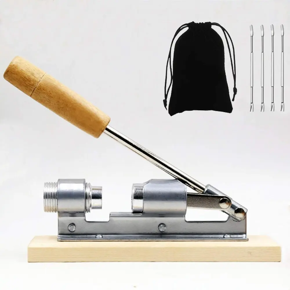 Heavy Duty Steel Pecan Nut Cracker Kitchen Tool, Durable Cooking Tool with Wood Handle Base, 1 Flannel Bag and 4 Picks