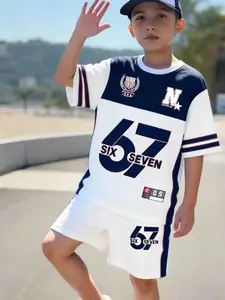 Boys Summer American Sports Set Blue Color Block Number 67 Printed Short Sleeve Shorts Two-Piece Sporty Jersey