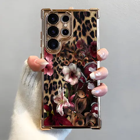 Leopard Print Cherry-Blossom Edge Lightweight Soft TPU Smartphone Case - Electroplated Handheld, Airbag Shockproof, Durable Anti-Drop Slim Cover, Easy Install for Sam S25 Edge, Samsung S22 S23 S24 S26 Ultra, S24FE Plus, S25+ Accessories