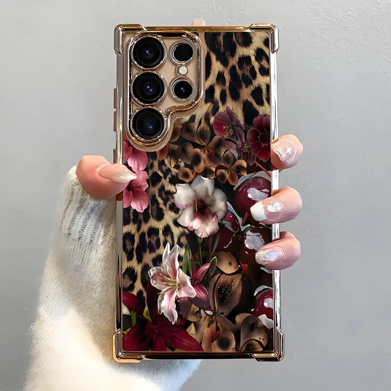 Leopard Print Cherry-Blossom Edge Lightweight Soft TPU Smartphone Case - Electroplated Handheld, Airbag Shockproof, Durable Anti-Drop Slim Cover, Easy Install for Sam S25 Edge, Samsung S22 S23 S24 S26 Ultra, S24FE Plus, S25+ Accessories