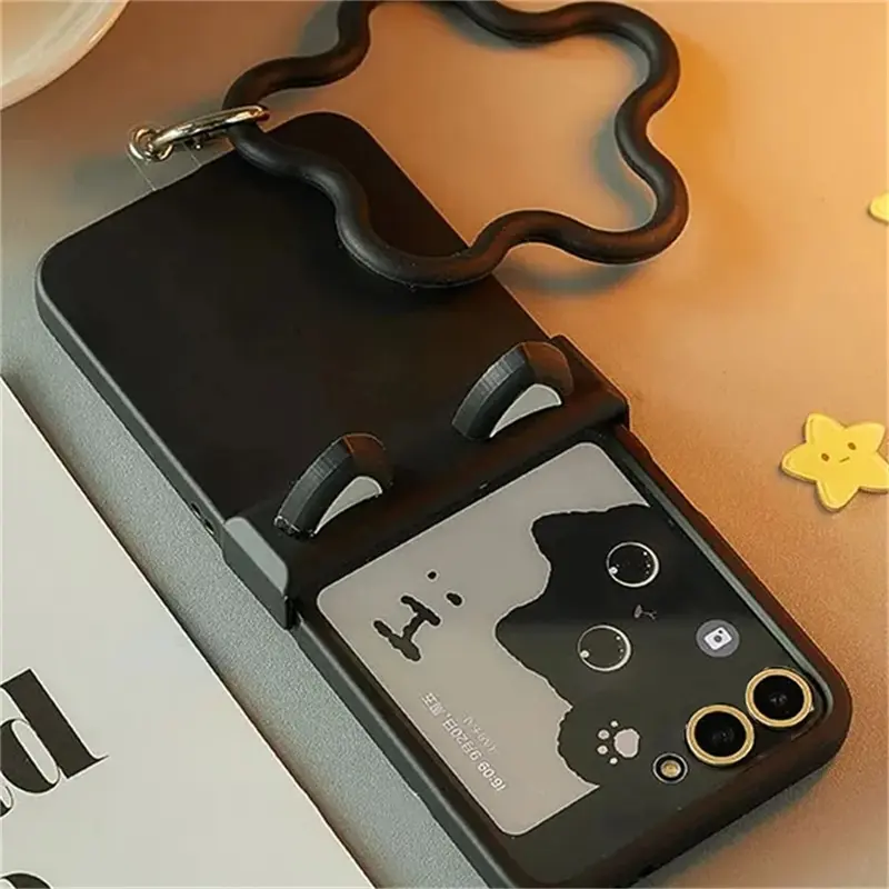 Cute cat ears | Flower hanging ring | Mid axis folding screen protector cover Cellphone Casing Protective Shell | Best friend gift | Phone Cover | for Samsung Galaxy Z Flip 3 4 5 6 7