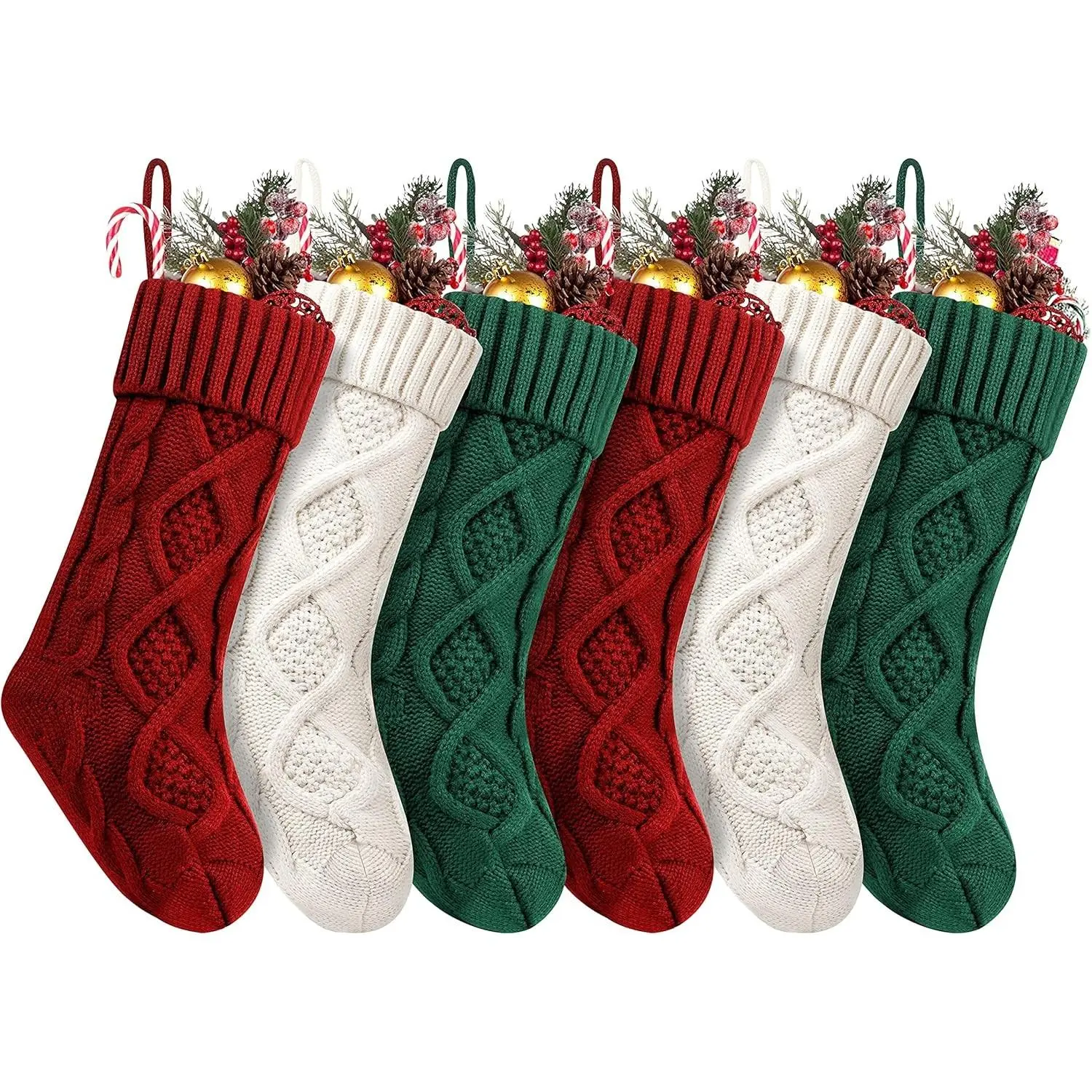 Christmas Stockings, 6 Pack 18" Large Knit Stocking & Decor for Family Holiday Xmas Party Gift, Burgundy&Ivory&Green